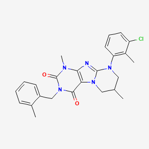 molecular formula C25H26ClN5O2 B2401117 9-(3-chloro-2-methylphenyl)-1,7-dimethyl-3-(2-methylbenzyl)-6,7,8,9-tetrahydropyrimido[2,1-f]purine-2,4(1H,3H)-dione CAS No. 877617-68-0