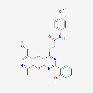 2-((6-(hydroxymethyl)-2-(2-methoxyphenyl)-9-methyl-5H-pyrido[4',3':5,6]pyrano[2,3-d]pyrimidin-4-yl)thio)-N-(4-methoxyphenyl)acetamide