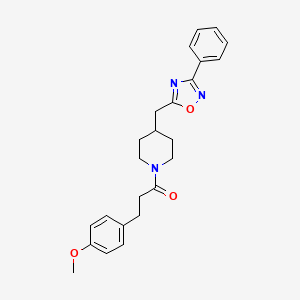 molecular formula C24H27N3O3 B2401229 1-[3-(4-Methoxyphenyl)propanoyl]-4-[(3-phenyl-1,2,4-oxadiazol-5-yl)methyl]piperidine CAS No. 1775371-62-4