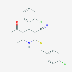 molecular formula C22H18Cl2N2OS B2401238 5-乙酰基-2-((4-氯苄基)硫代)-4-(2-氯苯基)-6-甲基-1,4-二氢吡啶-3-腈 CAS No. 370845-78-6