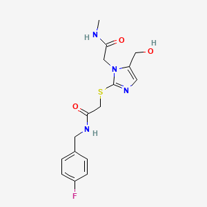 molecular formula C16H19FN4O3S B2401251 N-(4-氟苄基)-2-((5-(羟甲基)-1-(2-(甲基氨基)-2-氧代乙基)-1H-咪唑-2-基)硫代)乙酰胺 CAS No. 921546-88-5