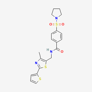 molecular formula C20H21N3O3S3 B2401283 N-((4-methyl-2-(thiophen-2-yl)thiazol-5-yl)methyl)-4-(pyrrolidin-1-ylsulfonyl)benzamide CAS No. 1421467-24-4