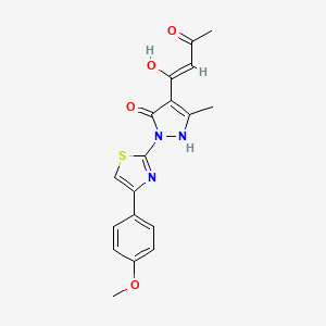 molecular formula C18H17N3O4S B2401286 3-hydroxy-1-{5-hydroxy-1-[4-(4-methoxyphenyl)-1,3-thiazol-2-yl]-3-methyl-1H-pyrazol-4-yl}-2-buten-1-one CAS No. 245039-38-7