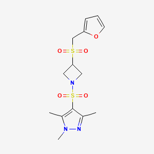 molecular formula C14H19N3O5S2 B2401317 4-((3-((furan-2-ylmethyl)sulfonyl)azetidin-1-yl)sulfonyl)-1,3,5-trimethyl-1H-pyrazole CAS No. 1797317-57-7
