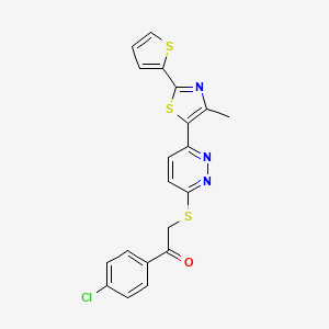 molecular formula C20H14ClN3OS3 B2401330 1-(4-氯苯基)-2-((6-(4-甲基-2-(噻吩-2-基)噻唑-5-基)吡啶嗪-3-基)硫代)乙酮 CAS No. 923146-85-4