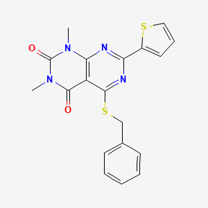 molecular formula C19H16N4O2S2 B2401339 5-(benzylthio)-1,3-dimethyl-7-(thiophen-2-yl)pyrimido[4,5-d]pyrimidine-2,4(1H,3H)-dione CAS No. 847192-09-0