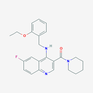 molecular formula C24H26FN3O2 B2401386 (4-((2-Ethoxybenzyl)amino)-6-fluoroquinolin-3-yl)(piperidin-1-yl)methanone CAS No. 1797878-54-6