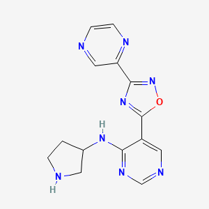 molecular formula C14H14N8O B2401414 5-(3-吡嗪-2-基-1,2,4-恶二唑-5-基)-N-吡咯烷-3-基嘧啶-4-胺 CAS No. 2108354-25-0