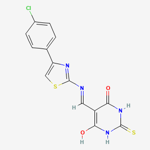 molecular formula C14H9ClN4O2S2 B2401613 5-(((4-(4-chlorophenyl)thiazol-2-yl)amino)methylene)-2-thioxodihydropyrimidine-4,6(1H,5H)-dione CAS No. 1021262-86-1