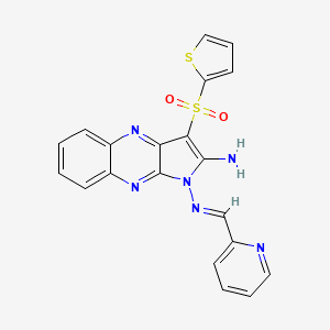 molecular formula C20H14N6O2S2 B2401696 (E)-N1-(pyridin-2-ylmethylene)-3-(thiophen-2-ylsulfonyl)-1H-pyrrolo[2,3-b]quinoxaline-1,2-diamine CAS No. 846579-45-1