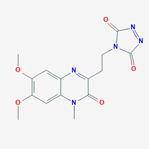 molecular formula C15H15N5O5 B024017 4-[2-(3,4-Dihydro-6,7-dimethoxy-4-methyl-3-oxo-2-quinoxalinyl)ethyl]-3H-1,2,4-triazole-3,5(4H)-dione CAS No. 132788-52-4