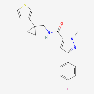 molecular formula C19H18FN3OS B2401733 5-(4-Fluorophenyl)-2-methyl-N-[(1-thiophen-3-ylcyclopropyl)methyl]pyrazole-3-carboxamide CAS No. 2415533-55-8