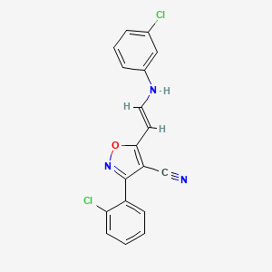 molecular formula C18H11Cl2N3O B2401756 5-[(E)-2-(3-chloroanilino)ethenyl]-3-(2-chlorophenyl)-1,2-oxazole-4-carbonitrile CAS No. 320415-79-0