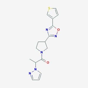 molecular formula C16H17N5O2S B2402006 2-(1H-吡唑-1-基)-1-(3-(5-(噻吩-3-基)-1,2,4-恶二唑-3-基)吡咯烷-1-基)丙烷-1-酮 CAS No. 2034289-10-4