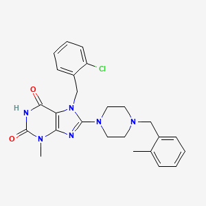 molecular formula C25H27ClN6O2 B2402303 7-[(2-Chlorophenyl)methyl]-3-methyl-8-{4-[(2-methylphenyl)methyl]piperazinyl}-1,3,7-trihydropurine-2,6-dione CAS No. 898409-11-5