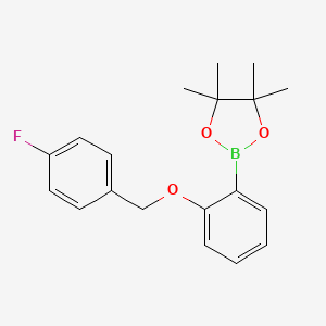 molecular formula C19H22BFO3 B2402312 1,3,2-Dioxaborolane, 2-[2-[(4-fluorophenyl)methoxy]phenyl]-4,4,5,5-tetramethyl- CAS No. 2246638-38-8