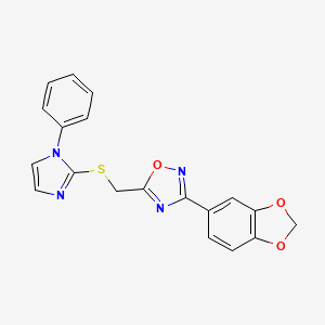 molecular formula C19H14N4O3S B2402318 3-(benzo[d][1,3]dioxol-5-yl)-5-(((1-phenyl-1H-imidazol-2-yl)thio)methyl)-1,2,4-oxadiazole CAS No. 1112002-71-7