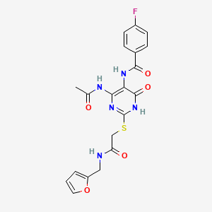 molecular formula C20H18FN5O5S B2402333 N-(4-acetamido-2-((2-((furan-2-ylmethyl)amino)-2-oxoethyl)thio)-6-oxo-1,6-dihydropyrimidin-5-yl)-4-fluorobenzamide CAS No. 872608-83-8