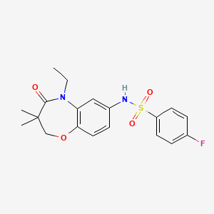 molecular formula C19H21FN2O4S B2402357 N-(5-ethyl-3,3-dimethyl-4-oxo-2,3,4,5-tetrahydrobenzo[b][1,4]oxazepin-7-yl)-4-fluorobenzenesulfonamide CAS No. 922023-69-6