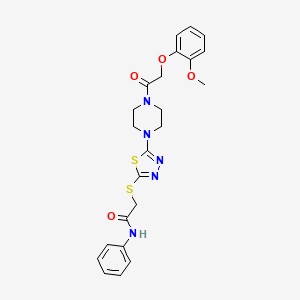 molecular formula C23H25N5O4S2 B2402378 2-((5-(4-(2-(2-methoxyphenoxy)acetyl)piperazin-1-yl)-1,3,4-thiadiazol-2-yl)thio)-N-phenylacetamide CAS No. 1105198-35-3