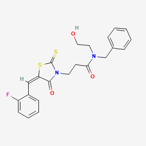 molecular formula C22H21FN2O3S2 B2402385 N-benzyl-3-[(5E)-5-(2-fluorobenzylidene)-4-oxo-2-thioxo-1,3-thiazolidin-3-yl]-N-(2-hydroxyethyl)propanamide CAS No. 477512-21-3