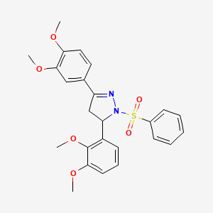 molecular formula C25H26N2O6S B2402394 2-(Benzenesulfonyl)-3-(2,3-dimethoxyphenyl)-5-(3,4-dimethoxyphenyl)-3,4-dihydropyrazole CAS No. 402947-94-8