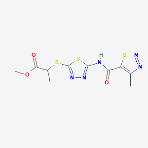 molecular formula C10H11N5O3S3 B2402525 Methyl 2-((5-(4-methyl-1,2,3-thiadiazole-5-carboxamido)-1,3,4-thiadiazol-2-yl)thio)propanoate CAS No. 1226455-62-4