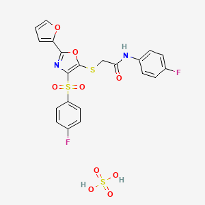 molecular formula C21H16F2N2O9S3 B2402574 N-(4-氟苯基)-2-((4-((4-氟苯基)磺酰基)-2-(呋喃-2-基)恶唑-5-基)硫代)乙酰胺硫酸盐 CAS No. 1329960-62-4
