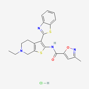 molecular formula C21H21ClN4O2S2 B2402590 N-(3-(benzo[d]thiazol-2-yl)-6-ethyl-4,5,6,7-tetrahydrothieno[2,3-c]pyridin-2-yl)-3-methylisoxazole-5-carboxamide hydrochloride CAS No. 1323387-54-7