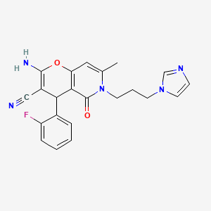 molecular formula C22H20FN5O2 B2402654 6-(3-(1H-imidazol-1-yl)propyl)-2-amino-4-(2-fluorophenyl)-7-methyl-5-oxo-5,6-dihydro-4H-pyrano[3,2-c]pyridine-3-carbonitrile CAS No. 880794-57-0