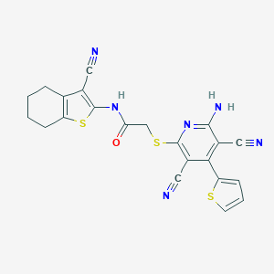 molecular formula C22H16N6OS3 B240266 2-{[6-amino-3,5-dicyano-4-(2-thienyl)-2-pyridinyl]sulfanyl}-N-(3-cyano-4,5,6,7-tetrahydro-1-benzothien-2-yl)acetamide 