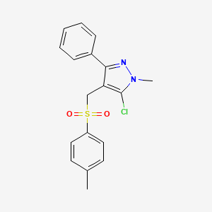 molecular formula C18H17ClN2O2S B2402711 5-chloro-1-methyl-4-{[(4-methylphenyl)sulfonyl]methyl}-3-phenyl-1H-pyrazole CAS No. 956612-06-9