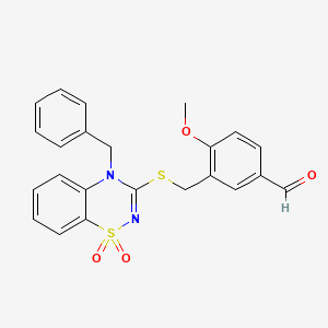 molecular formula C23H20N2O4S2 B2402878 3-{[(4-benzyl-1,1-dioxido-4H-1,2,4-benzothiadiazin-3-yl)thio]methyl}-4-methoxybenzaldehyde CAS No. 933214-61-0