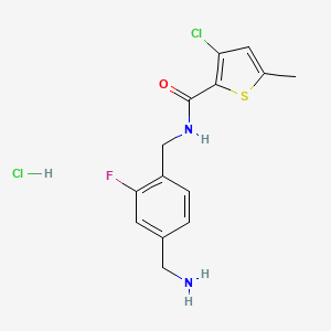 molecular formula C14H15Cl2FN2OS B2402950 N-[[4-(Aminomethyl)-2-fluorophenyl]methyl]-3-chloro-5-methylthiophene-2-carboxamide;hydrochloride CAS No. 2470438-97-0