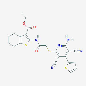 molecular formula C24H21N5O3S3 B240297 Ethyl 2-[({[6-amino-3,5-dicyano-4-(2-thienyl)-2-pyridinyl]sulfanyl}acetyl)amino]-4,5,6,7-tetrahydro-1-benzothiophene-3-carboxylate 