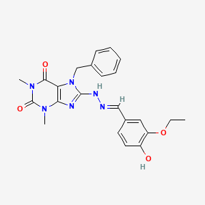 molecular formula C23H24N6O4 B2403090 (E)-7-benzyl-8-(2-(3-ethoxy-4-hydroxybenzylidene)hydrazinyl)-1,3-dimethyl-1H-purine-2,6(3H,7H)-dione CAS No. 378206-15-6