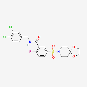 molecular formula C21H21Cl2FN2O5S B2403098 5-(1,4-dioxa-8-azaspiro[4.5]decan-8-ylsulfonyl)-N-(3,4-dichlorobenzyl)-2-fluorobenzamide CAS No. 450384-91-5