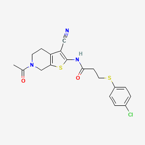 molecular formula C19H18ClN3O2S2 B2403099 N-(6-acetyl-3-cyano-4,5,6,7-tetrahydrothieno[2,3-c]pyridin-2-yl)-3-((4-chlorophenyl)thio)propanamide CAS No. 898461-15-9