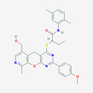 molecular formula C31H32N4O4S B2403114 N-(2,5-Dimethylphenyl)-2-[[11-(hydroxymethyl)-5-(4-methoxyphenyl)-14-methyl-2-oxa-4,6,13-triazatricyclo[8.4.0.03,8]tetradeca-1(10),3(8),4,6,11,13-hexaen-7-yl]sulfanyl]butanamide CAS No. 2380185-71-5