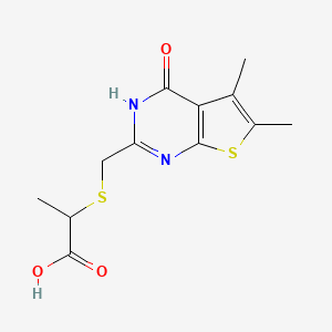 molecular formula C12H14N2O3S2 B2403130 2-{[(5,6-Dimethyl-4-oxo-3,4-dihydrothieno[2,3-d]pyrimidin-2-yl)methyl]thio}propanoic acid CAS No. 743440-25-7