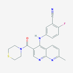 molecular formula C21H18FN5OS B2403146 2-Fluoro-5-((7-methyl-3-(thiomorpholine-4-carbonyl)-1,8-naphthyridin-4-yl)amino)benzonitrile CAS No. 1251694-02-6