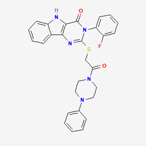 molecular formula C28H24FN5O2S B2403170 3-(2-fluorophenyl)-2-((2-oxo-2-(4-phenylpiperazin-1-yl)ethyl)thio)-3H-pyrimido[5,4-b]indol-4(5H)-one CAS No. 888448-37-1