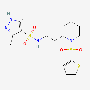 molecular formula C16H24N4O4S3 B2403198 3,5-dimethyl-N-(2-(1-(thiophen-2-ylsulfonyl)piperidin-2-yl)ethyl)-1H-pyrazole-4-sulfonamide CAS No. 1286696-49-8