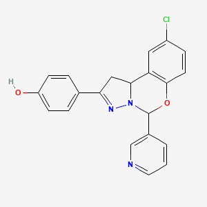 molecular formula C21H16ClN3O2 B2403225 4-(9-chloro-5-(pyridin-3-yl)-5,10b-dihydro-1H-benzo[e]pyrazolo[1,5-c][1,3]oxazin-2-yl)phenol CAS No. 899984-87-3