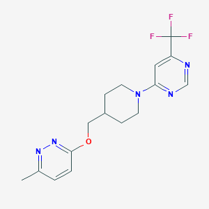 molecular formula C16H18F3N5O B2403234 3-Methyl-6-[[1-[6-(trifluoromethyl)pyrimidin-4-yl]piperidin-4-yl]methoxy]pyridazine CAS No. 2309586-34-1