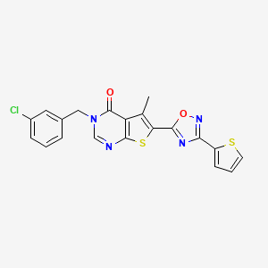 molecular formula C20H13ClN4O2S2 B2403392 3-(3-chlorobenzyl)-5-methyl-6-[3-(thiophen-2-yl)-1,2,4-oxadiazol-5-yl]thieno[2,3-d]pyrimidin-4(3H)-one CAS No. 1326900-25-7