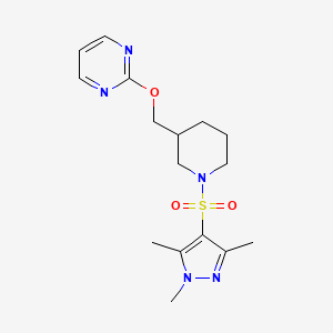 molecular formula C16H23N5O3S B2403396 2-[[1-(1,3,5-Trimethylpyrazol-4-yl)sulfonylpiperidin-3-yl]methoxy]pyrimidine CAS No. 2379984-18-4