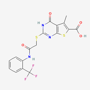 molecular formula C17H12F3N3O4S2 B2403422 5-Methyl-4-oxo-2-((2-oxo-2-((2-(trifluoromethyl)phenyl)amino)ethyl)thio)-3,4-dihydrothieno[2,3-d]pyrimidine-6-carboxylic acid CAS No. 708292-02-8