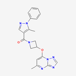 molecular formula C20H19N7O2 B2403446 5-methyl-4-[3-({5-methyl-[1,2,4]triazolo[1,5-a]pyrimidin-7-yl}oxy)azetidine-1-carbonyl]-1-phenyl-1H-pyrazole CAS No. 2097904-09-9