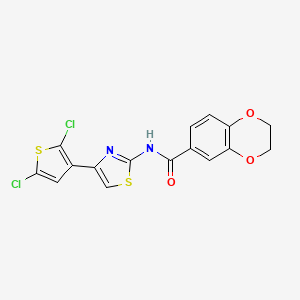 molecular formula C16H10Cl2N2O3S2 B2403488 N-(4-(2,5-dichlorothiophen-3-yl)thiazol-2-yl)-2,3-dihydrobenzo[b][1,4]dioxine-6-carboxamide CAS No. 477551-61-4